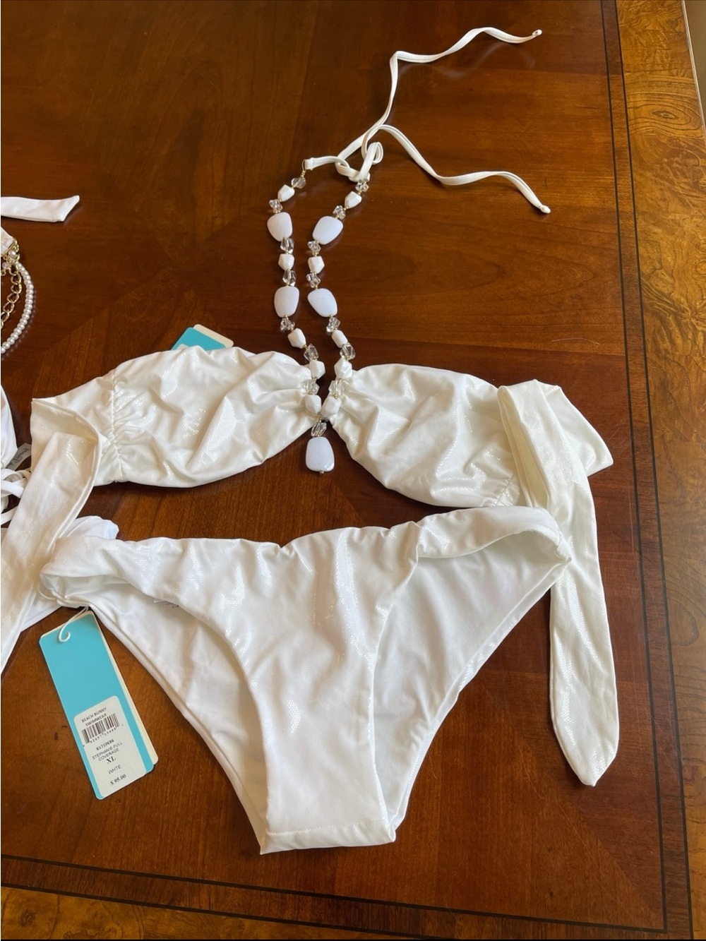 NWOT large top, XL bottoms halter white beaded bikini mermaid bikini